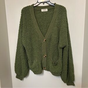 Zennana Sweater Womens L Green Chunky Knit Button Up Long Sleeve V-Neck Casual